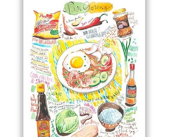 Indonesian Nasi Goreng recipe print, Watercolor painting, Street food art, Asian kitchen decor, Bali national dish poster, Indonesia cooking