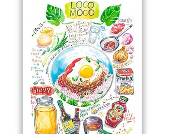 Hawaiian food poster, Loco Moco Recipe print, Pacific Ocean cuisine wall art, Watercolor artwork, Colorful kitchen decor, Cook in Hawaii