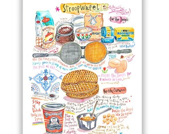 Dutch Syrup Waffle recipe print, Watercolor painting, European bakery poster, Kitchen art, Dutch food artwork, The Netherlands wall decor