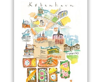 Copenhagen wall art, Illustrated city map, Danish illustration print, Watercolor painting, Scandinavian home decor, European travel poster