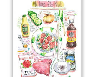 Poke Bowl recipe print, Hawaiian cuisine watercolor poster, Colorful kitchen art, Hawaii lifestyle, Honolulu restaurant decor, Ahi Tuna art