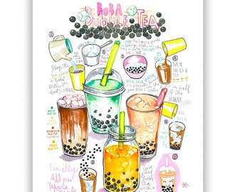 Bubble Tea recipe print, Taiwanese matcha milk tea poster, Asian healthy sweet drink decor, Cute Taiwan kitchen art, Watercolor painting