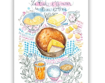 Love Cake recipe from Donkey Skin movie illustration print, Watercolor fairy tale poster, Nursery decor, French kitchen wall art, Bakery