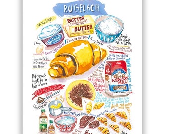 Jewish Rugelach recipe print, Watercolor painting, Kitchen art, Hannukah bakery poster, Ashkenazi cookie artwork, Eastern Europe wall decor