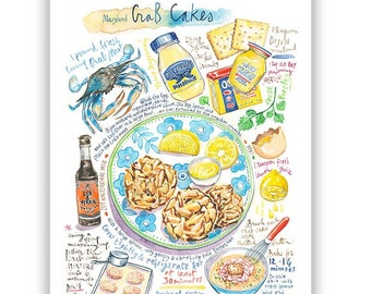 Maryland Crab Cakes recipe print, Watercolor painting, Seafood illustration, Blue and yellow wall art, Kitchen decor, Baltimore food poster