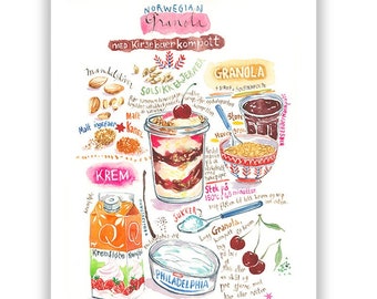 Norwegian dessert print, Granola recipe poster, Scandinavian kitchen print, Norway art, Watercolor painting, Food artwork, Colorful wall art