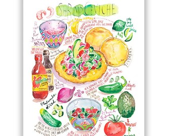 Ceviche recipe print, Watercolor painting, Mexican food poster, Latin American art, Kitchen art, Mexico cuisine print, Colorful wall decor