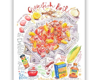 Louisiana food print, Crawfish Boil recipe poster, Watercolor painting, Southern outdoors cooking, New Orleans kitchen art, Cajun cuisine