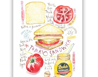 Tomato Sandwich recipe print, Southern food poster, Red kitchen wall art, North Carolina cuisine poster, Watercolor chef gift, Kitchen decor