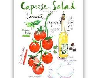 Caprese salad recipe print, Watercolor painting, Colorful kitchen wall art, Tomato poster, Italian cuisine, Food artwork, Vegetable art gift