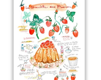 Strawberry shortcake recipe print, French Kitchen decor, Food art, Red home decor, Watercolor recipe art print, Cake painting, Bakery print