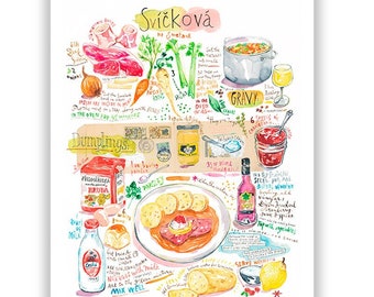 Czech beef and dumpling recipe print, European kitchen poster, Watercolor painting, Food illustration, Czech home decor, Kitchen wall art