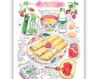 Palacinky recipe print, Czech pancake poster, Colorful kitchen art, Balkan-Style crepe painting, Watercolor Czech Republic bakery wall decor