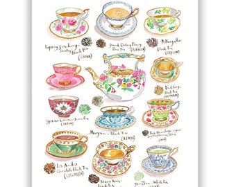 Types of Tea print, Watercolor painting, Colorful kitchen wall art, Tea shop wall design, Cute dining room decor, Gift for her, Pink poster