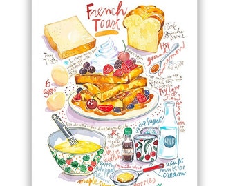 French Toast recipe print, Kitchen poster, Watercolor painting, Food art poster, Colorful wall art, Dining room decor, Dessert wall hanging