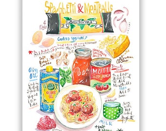 Spaghetti and meatballs recipe print, Italian-American cuisine poster, Watercolor food, Pasta painting, Bright kitchen art, Restaurant decor