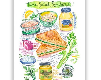 Tuna salad sandwich with mayo recipe poster, Watercolor painting, Green kitchen wall art, Summer cuisine, Comfort food print, Bright decor