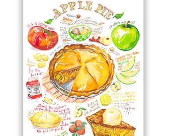 American Apple Pie watercolor recipe poster, Cozy kitchen decor, Bakery wall art gift, Nostalgic family comfort food print, Dessert cafe art