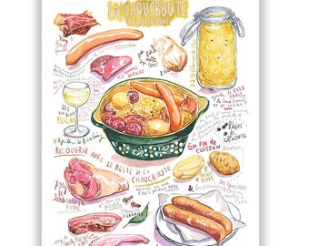 French Choucroute watercolor recipe print, Sauerkraut painting poster, Traditional French cuisine, European kitchen wall art, Winter food