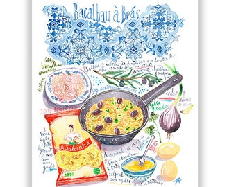 Portuguese recipe art print, Bacalhau illustration, Watercolor painting, Colorful Portugal wall art, European kitchen decor, Food artwork