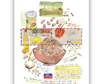 Haitian Rice and Beans recipe print, Caribbean wall art, Watercolor painting, Kitchen art, Food poster, Cooking in Haiti, Haitian cuisine