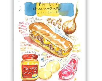 Philly Cheesesteak recipe print, Watercolor kitchen painting, Philadelphia cuisine wall art, Pennsylvania food poster, Sandwich shop decor