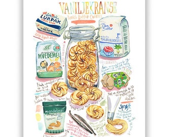 Recette des sablés au beurre et à la vanille du Danemark, Illustration aquarelle, Décor cuisine scandinave, Affiche illustrée gateaux danois