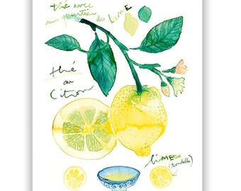 Lemon tea poster, Citrus print, Kitchen wall art, Food art, Pastel home decor, Watercolor painting, Botanical print, Yellow kitchen decor