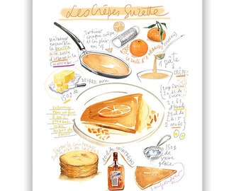 Crepes Suzette recipe print, French cuisine poster, Cook in France, Watercolor painting, European kitchen wall art, French food, Bakery art