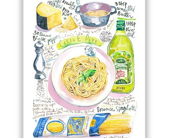 Cacio e Pepe recipe print, Watercolor painting, Italian food poster, Yellow wall art, Italy cooking, Europe kitchen decor, Pasta lover gift