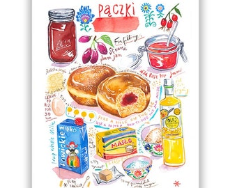 Paczki print, Polish jelly doughnut recipe poster, Watercolor food art, Polish cuisine decor, Colorful kitchen wall art, Dessert from Poland