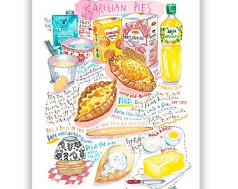 Finnish Karelian Pie recipe poster, Scandinavian kitchen art, Finland bakery print, European wall decor, Watercolor painting, Food artwork