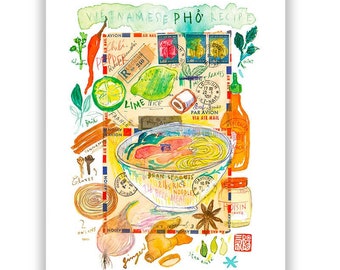 Vietnamese Pho recipe poster, Watercolor print of aromatic rice noodle soup from Vietnam culinary heritage, Comforting food, Kitchen decor