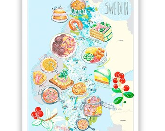 Sweden Food Map poster, Scandinavian cuisine print, European kitchen art, Watercolor painting, Stockholm travel gift, Restaurant wall decor