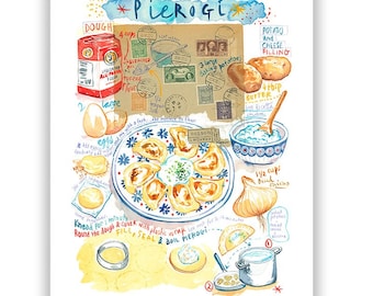 Pierogi recipe print, Polish dumpling poster, Watercolor painting, Poland kitchen wall art, Eastern Europe food artwork, Dining room decor