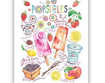 Fruit Popsicle recipe print, Healthy Homemade food poster, Kitchen wall art, Watercolor painting, Summer dessert, Colorful ice cream decor