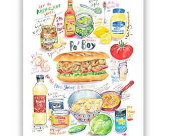 Louisiana Po'Boy recipe art print, Kitchen wall art, New Orleans food artwork, Watercolor painting, Sandwich poster, Cajun cuisine decor
