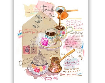 Turkish coffee recipe art print, Watercolor painting, Pink kitchen decor, Turkish wall art, Food illustration, Illustrated recipe poster