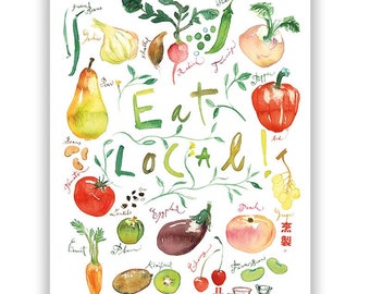 Eat Local kitchen art print, Vegetable Fruit poster, Colorful kitchen print, Green kitchen decor, Kitchen wall art, Watercolor quote poster