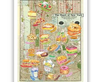 NYC Food map print, New York wall art, City art poster, Watercolor painting, Illustrated map, Manhattan decor, Travel artwork on vintage map