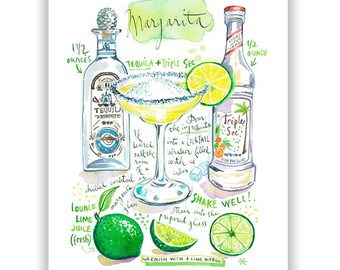 Margarita cocktail print, Bright kitchen wall art, Cocktail recipe poster, Bar decor, Watercolor painting, Tequila cocktail illustration