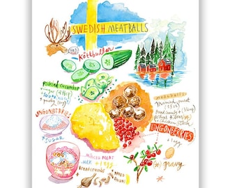 Swedish Meatball recipe print, Scandinavian wall art, Watercolor painting, Food in Sweden, Colorful kitchen decor, European food poster