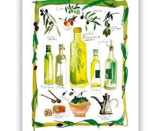 Olive oil watercolor print, Provence France painting, French kitchen poster, Food artwork, Yellow kitchen wall art, European illustration