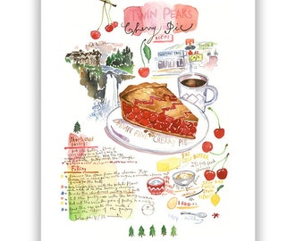 Twin Peaks Double R diner Cherry Pie recipe poster, Watercolor painting, Pop culture print, TV show art, Twin Peaks gift, Damn fine coffee