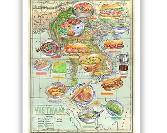 Vietnam poster, Vietnam food map print, Vietnam print, Vietnamese art, Asian print, Travel art, Vietnam watercolor painting, Kitchen decor