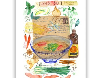 Pho Bo watercolor painting poster, Vietnamese cuisine wall art, Pho noodle soup, Asian food artwork, kitchen print, Vietnam restaurant decor