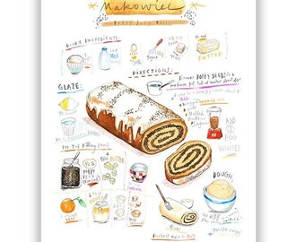 Makowiec illustrated recipe print, Poppy seed roll illustration, Polish kitchen decor, Poland wall art, European food poster, Bakery art