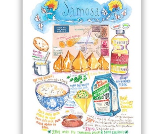 Samosa recipe poster, Signed print, Indian food wall art, Cooking in India, Kitchen decor, Watercolor painting, Indian cuisine wall hanging