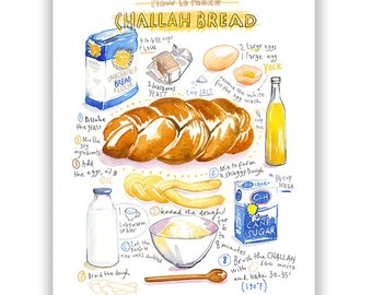 Challah recipe print, Jewish wall art, Watercolor painting, Israeli kitchen decor, Shabbat food poster, Bakery artwork, Bread illustration