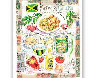 Jamaica Ackee and Saltfish recipe print, Caribbean kitchen wall art, Jamaican food poster, Watercolor painting, Cook in Jamaica Food artwork